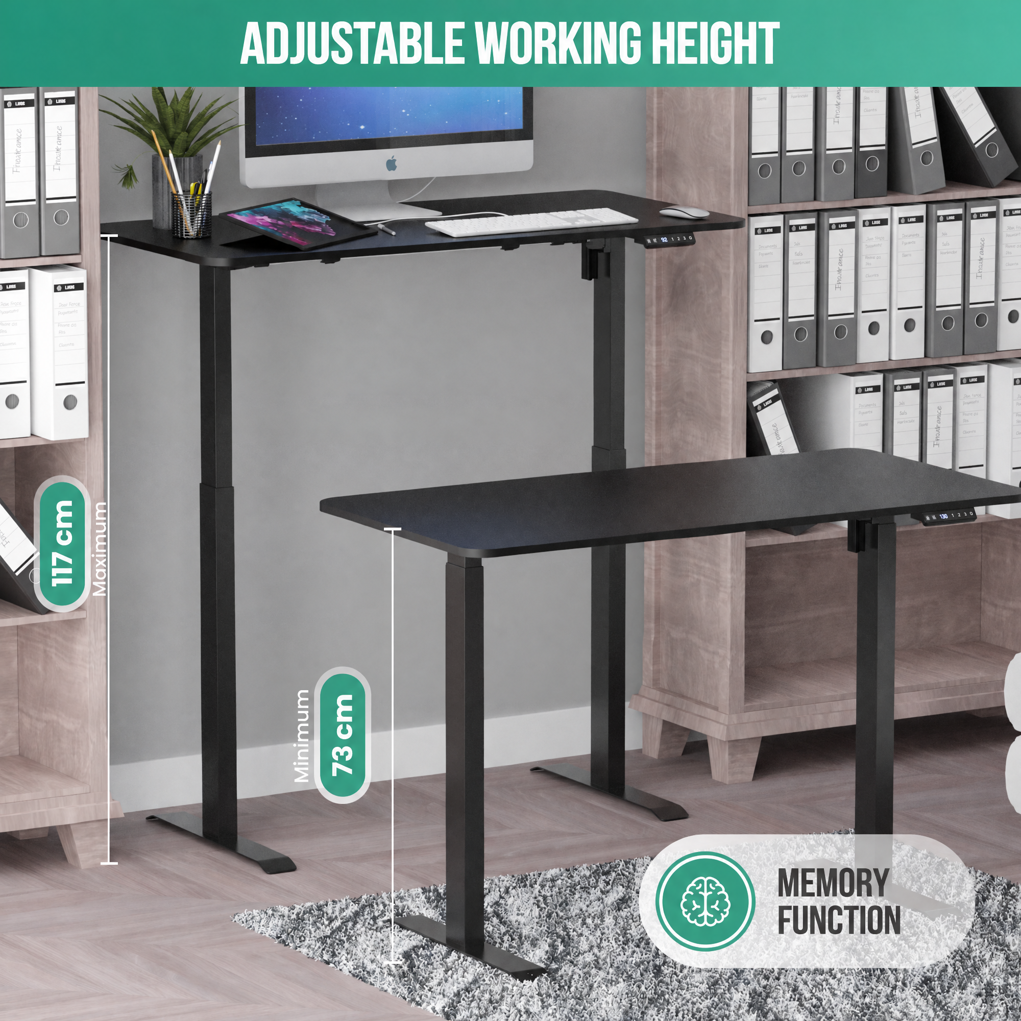 Adjustable black standing desk with computer, keyboard, and file shelves in the background.
