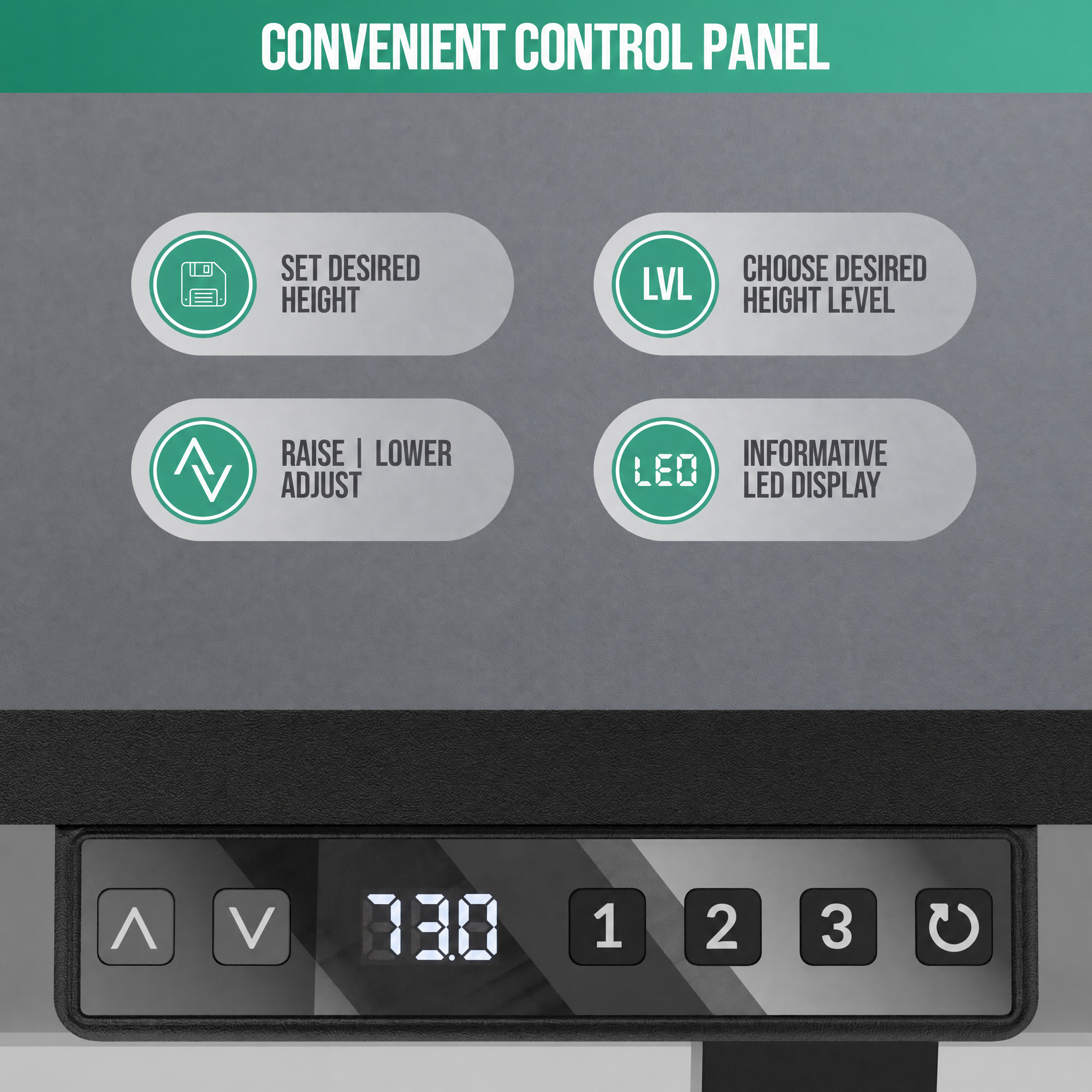Convenient control panel with height adjustment buttons and an LED display showing 73.0.