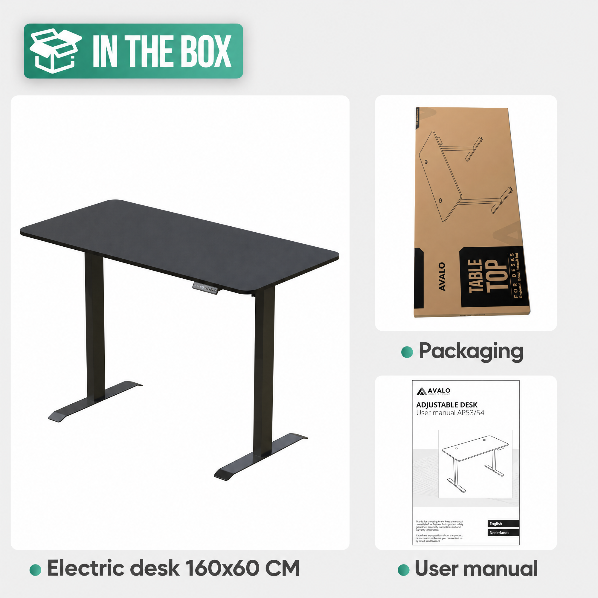 Contents in the box: A black electric standing desk, packaging, and a user manual.