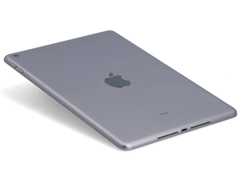 Szary iPad widziany od ty łu na białym tle z logo Apple.