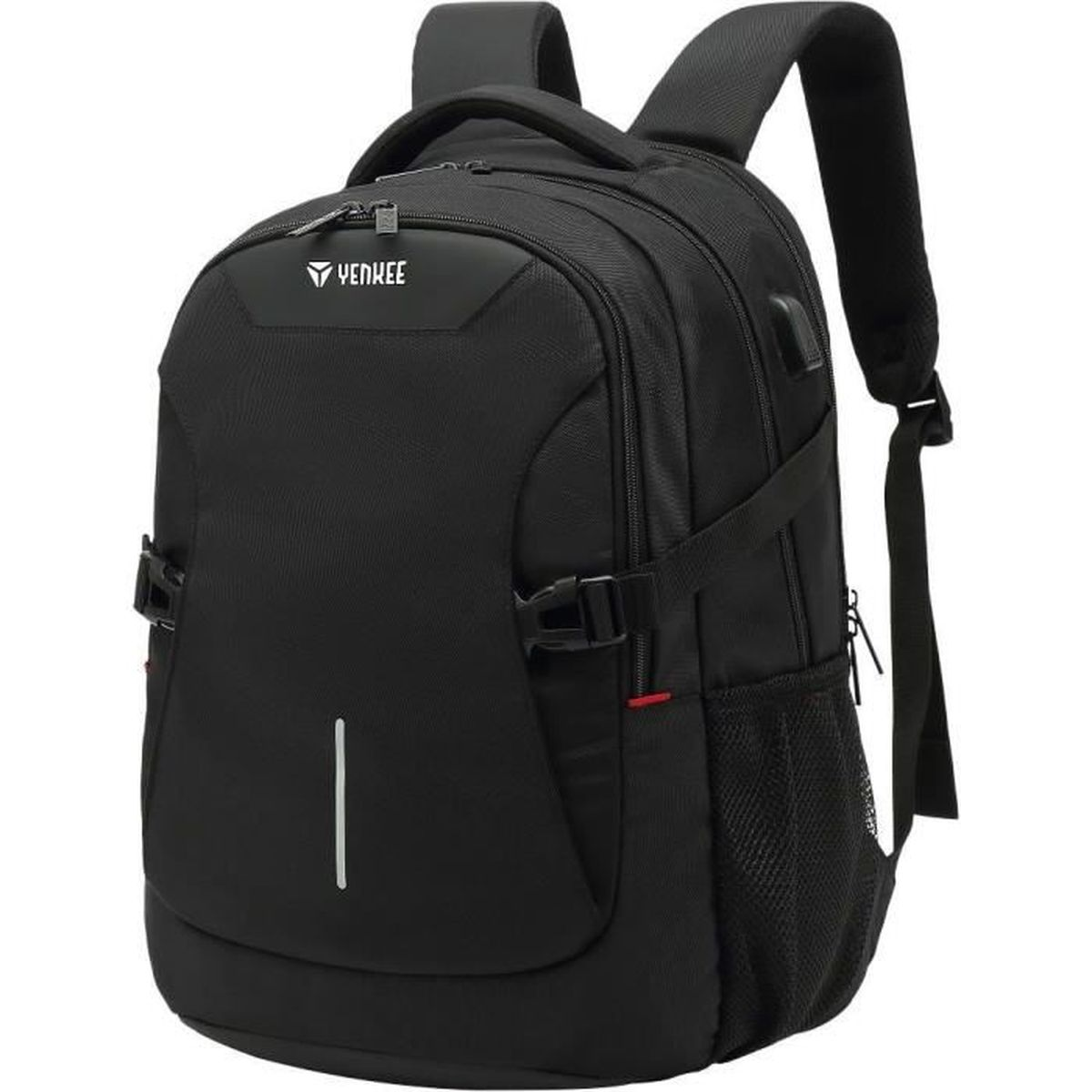 Ein schwarzer Yenkee Rucksack mit Reißverschlüssen, Schultergurten und seitlichen Netztaschen auf weißem Hintergrund.