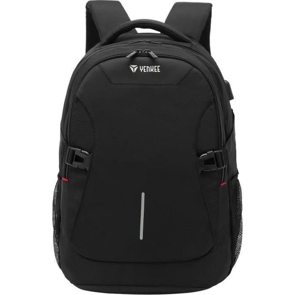 Ein schwarzer Yenkee Rucksack mit Reißverschlüssen, Seitentaschen und einem weißen Logo auf weißem Hintergrund.