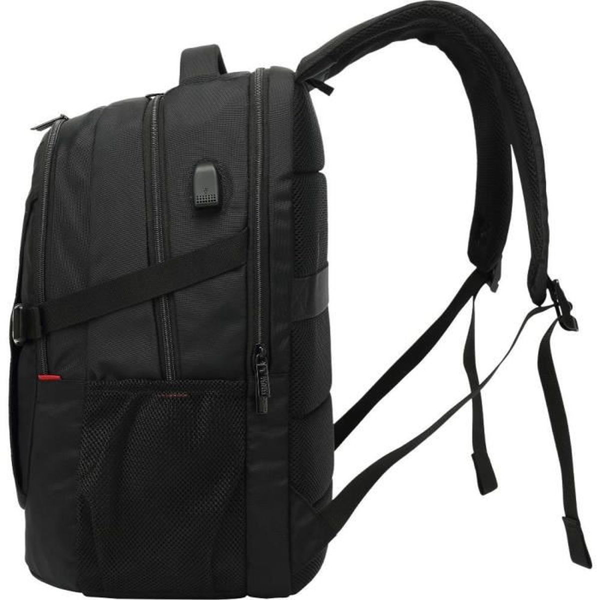 Ein schwarzer Rucksack mit mehreren Fächern, Reißverschlüssen und gepolsterten Schultergurten.