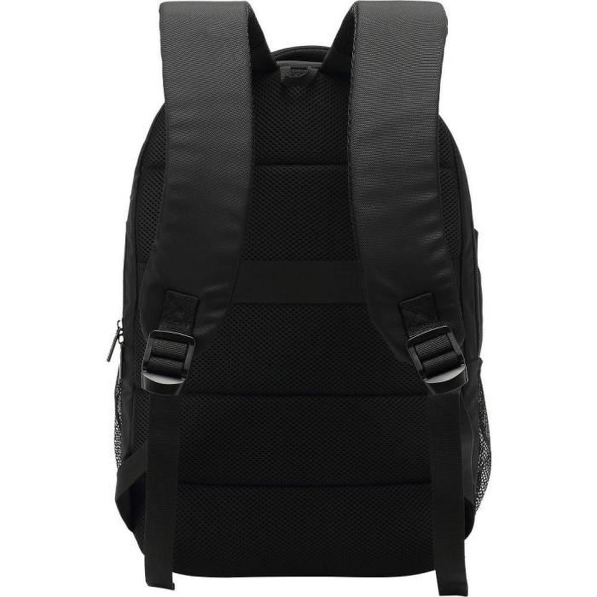 Rückansicht eines schwarzen Rucksacks mit gepolsterten Trägern und Mesh-Details vor weißem Hintergrund.