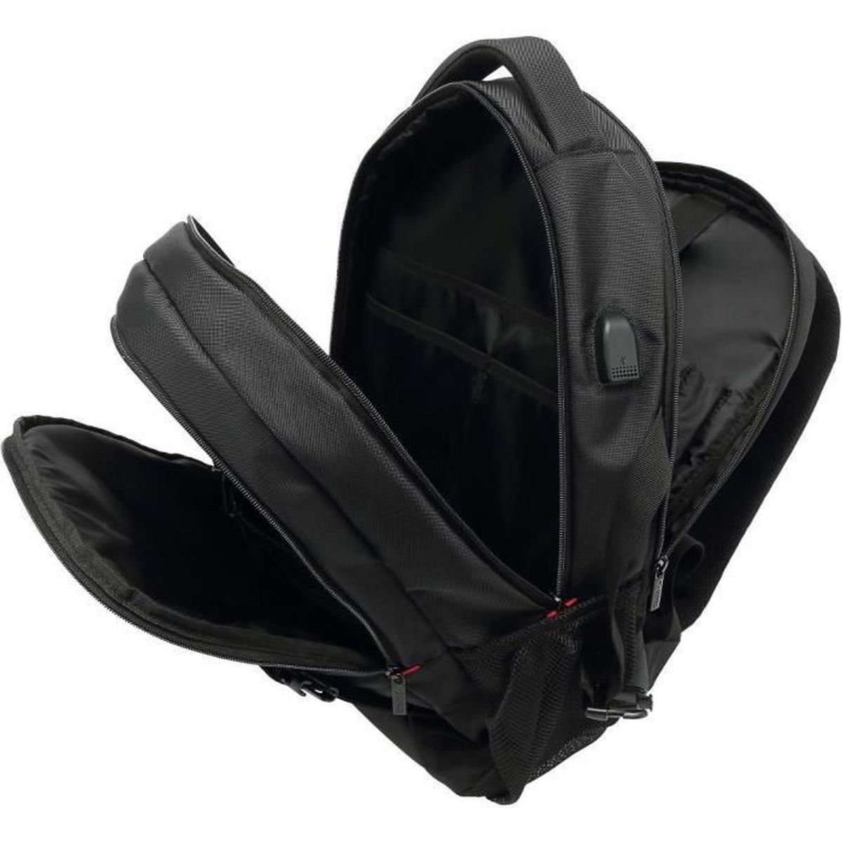 Ein offener schwarzer Rucksack mit mehreren Fächern, Innentaschen und einem USB-Anschluss.