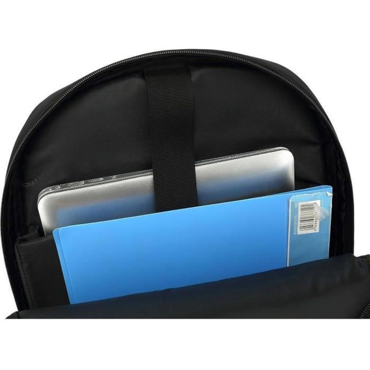 Ein offener schwarzer Rucksack zeigt einen Laptop und eine blaue Mappe im Hauptfach.