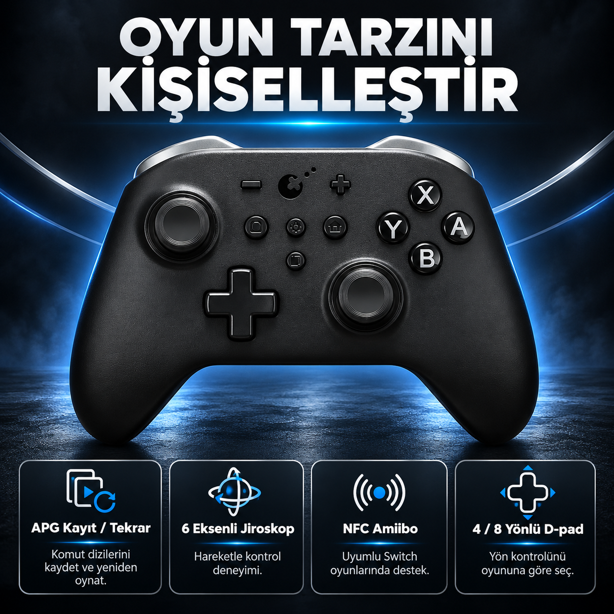 Un controller di gioco wireless nero con testo in turco in alto e icone di funzioni in basso su sfondo blu scuro luminoso.