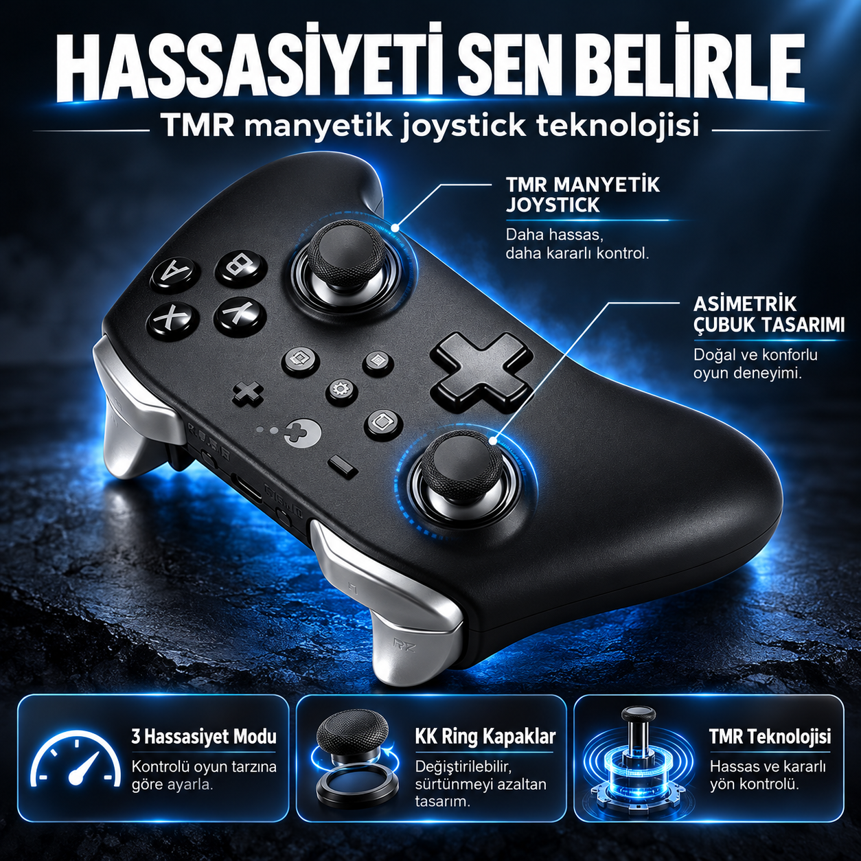Controller nero con tecnologia TMR e joystick asimmetrici su sfondo scuro.