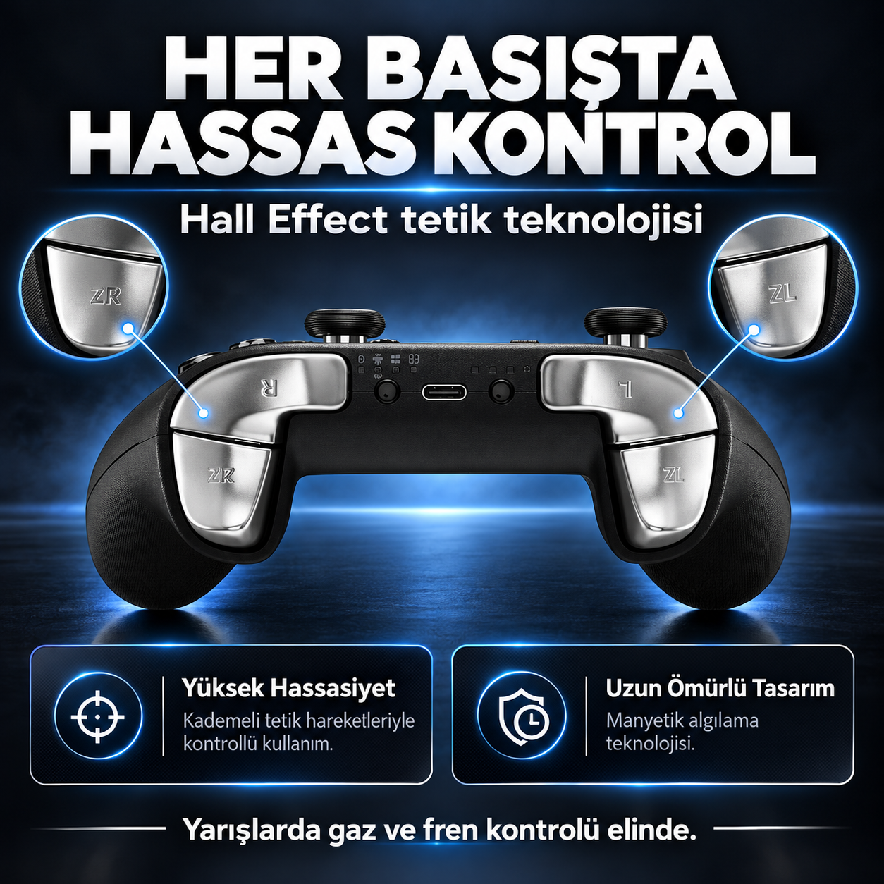 Un controller nero con trigger argentati su sfondo blu evidenzia le sue funzioni di precisione.