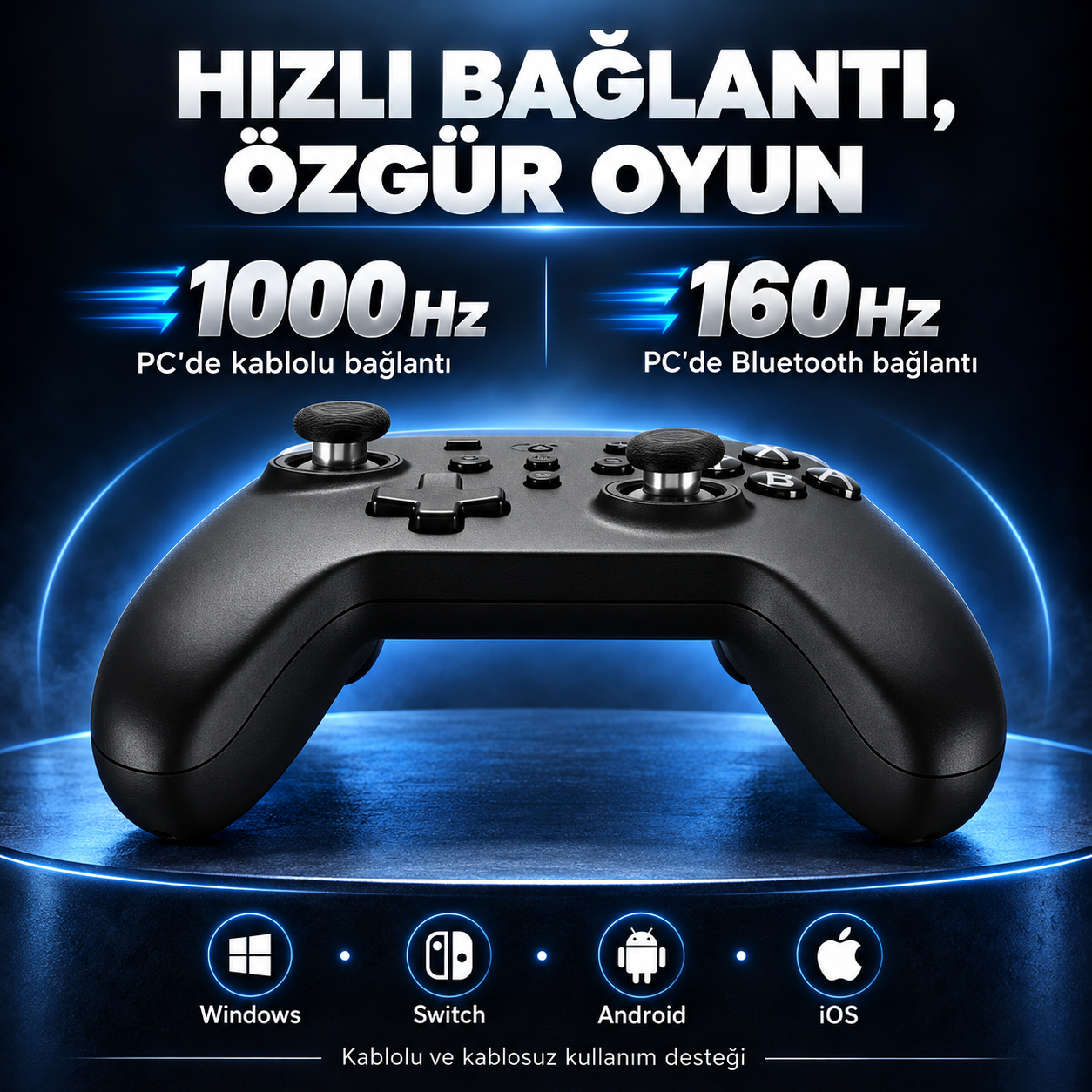 Controller nero su piedistallo illuminato di blu con icone Windows, Switch, Android e iOS.