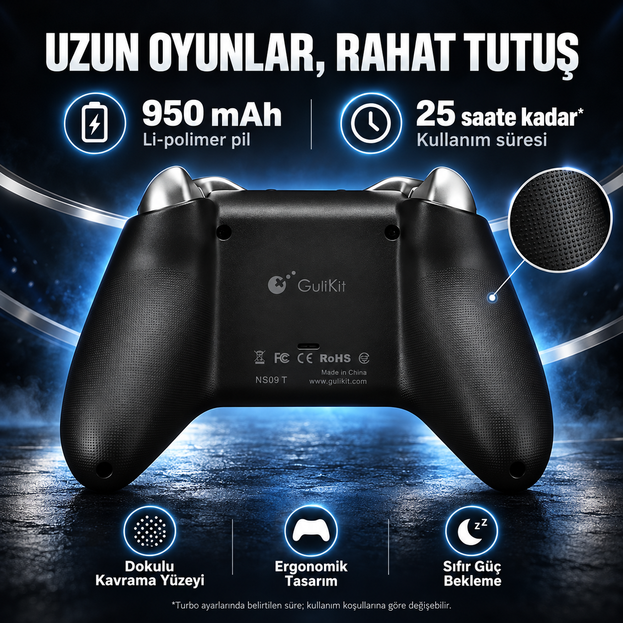 Vista posteriore del controller GuliKit nero con pulsanti argentati e testo su batteria e design ergonomico.