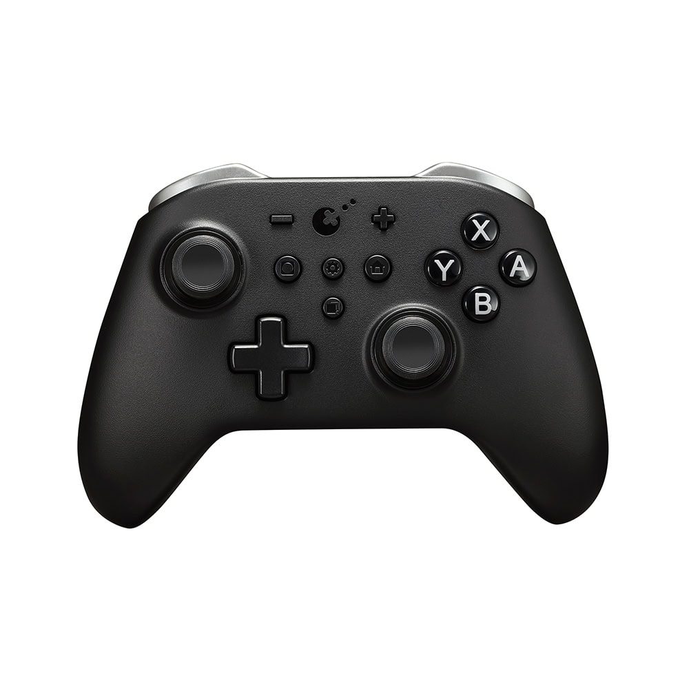 Un controller di gioco nero con levette, una croce direzionale e pulsanti X, Y, A, B su sfondo bianco.