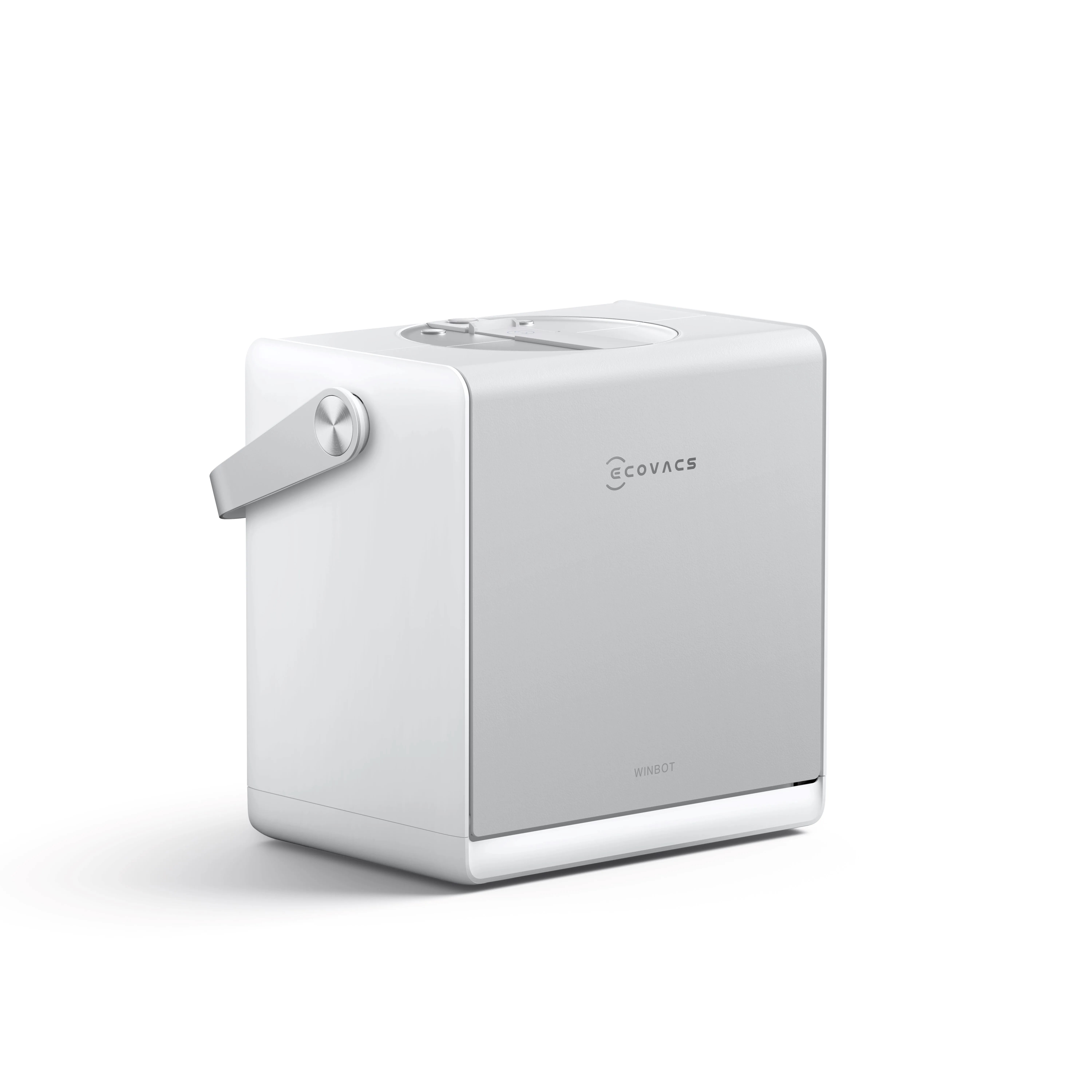 Un robot limpiador Ecovacs Winbot blanco y compacto en una caja con asa sobre fondo blanco.