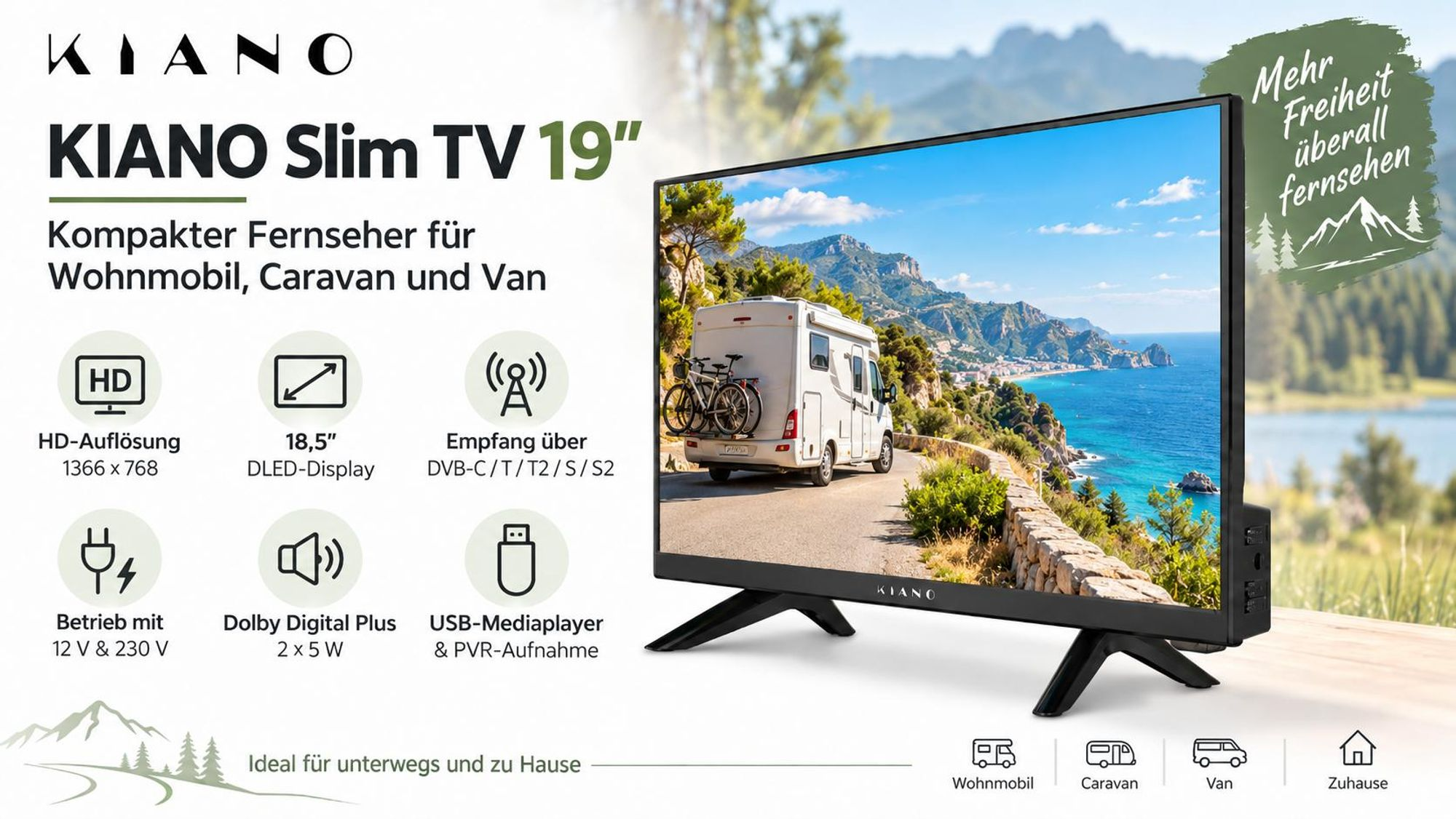 Kiano Slim TV 19-calowy kompaktowy telewizor do kampera i vana z rozdzielczością HD.