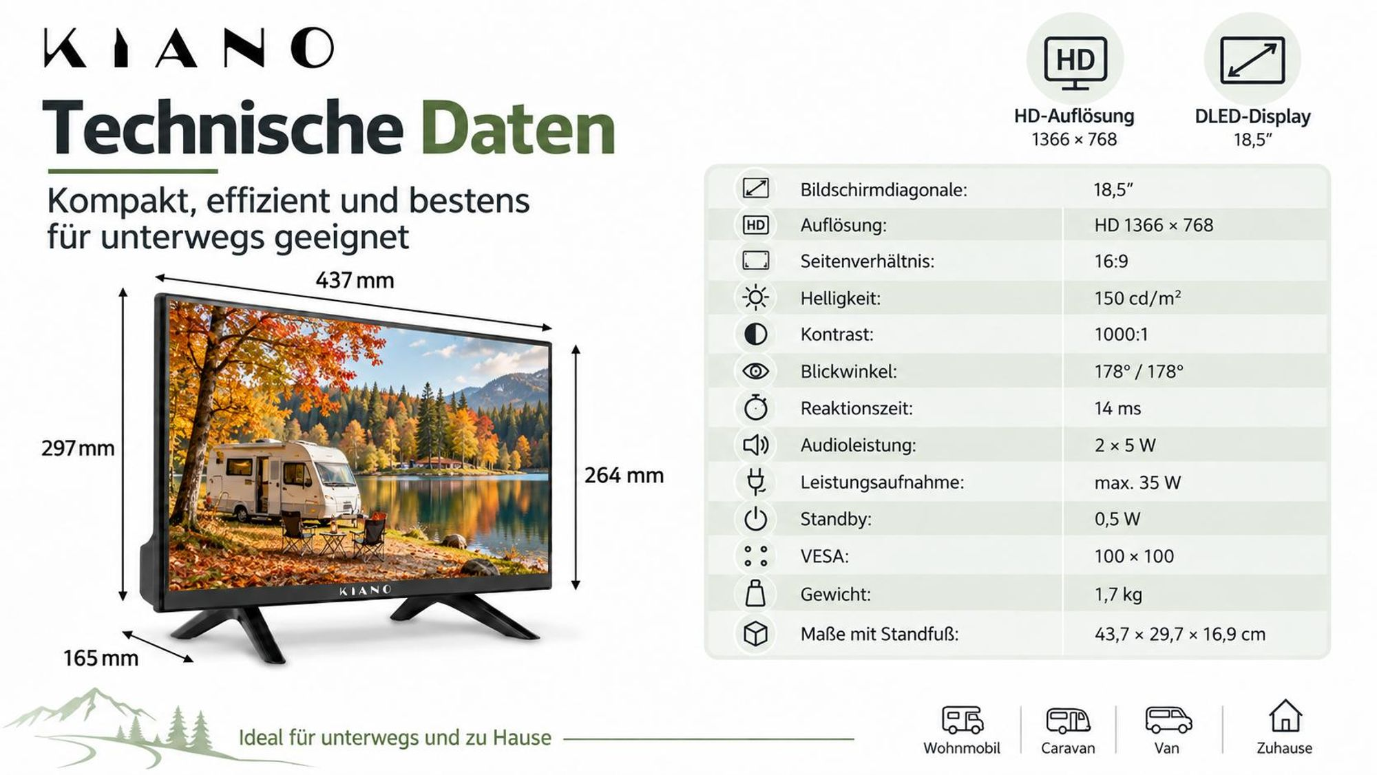 Dane techniczne 18,5-calowego telewizora DLED Kiano wraz z wymiarami oraz szczegółami ekranu i zasilania.