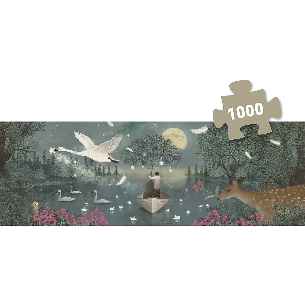 Un lago notturno surreale con cigni, una barca con un musicista e un cervo, sovrapposto a un pezzo di puzzle.