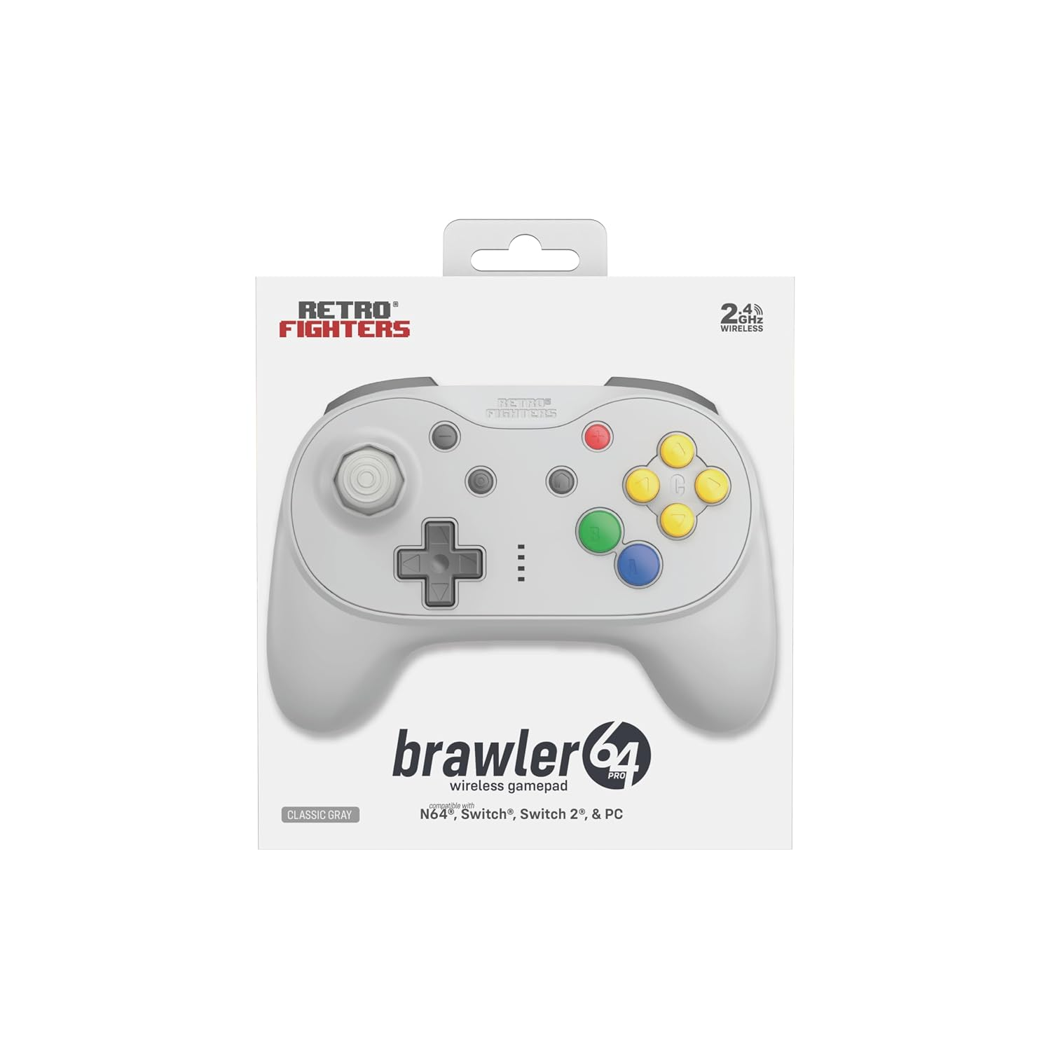 Szary bezprzewodowy kontroler Brawler64 firmy Retro Fighters w opakowaniu na białym tle.