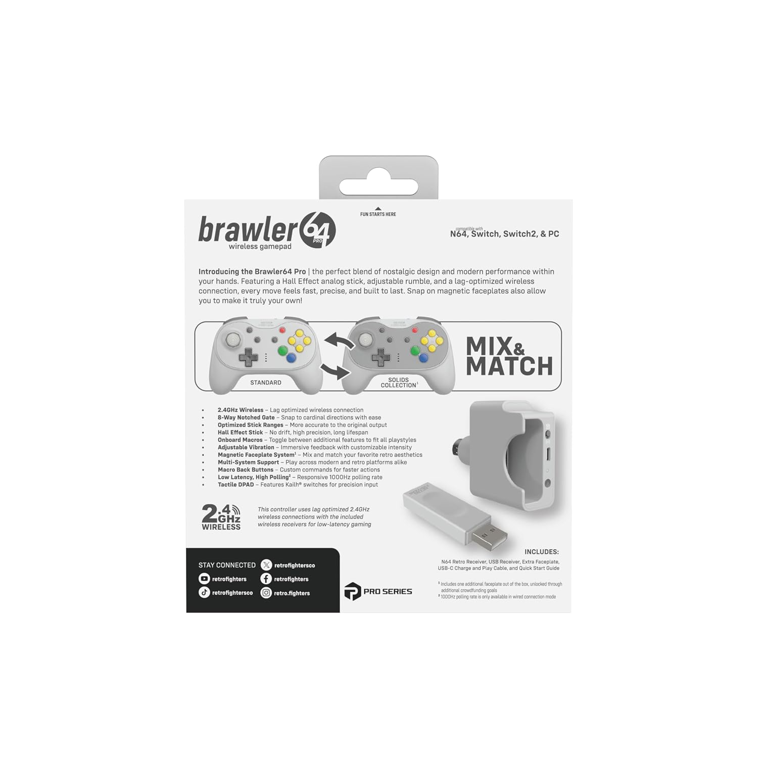 Tylna strona opakowania kontrolera bezprzewodowego Brawler64 Pro z cechami produktu.