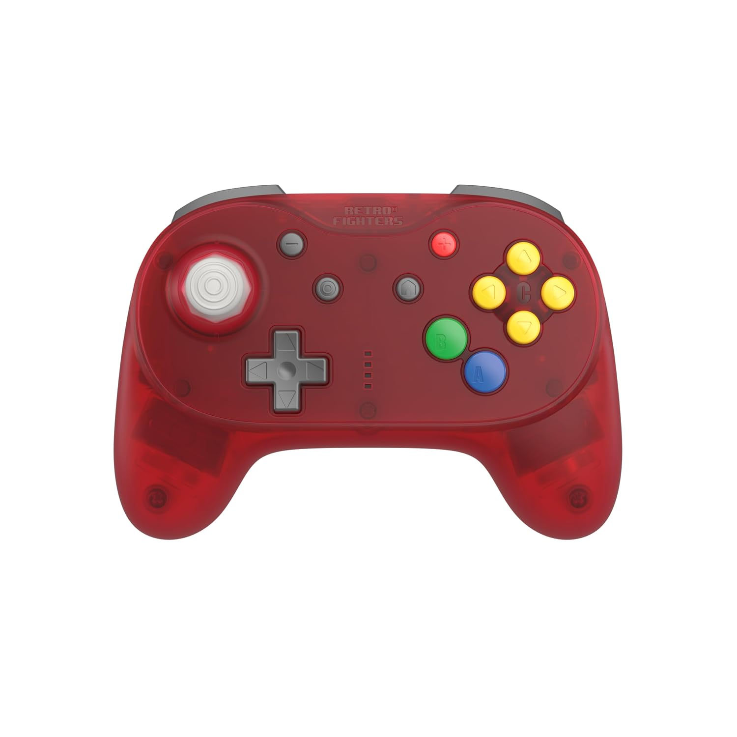 Przezroczysty czerwony kontroler gier Retro Fighters z joystickiem, padem kierunkowym i kolorowymi przyciskami na białym tle.