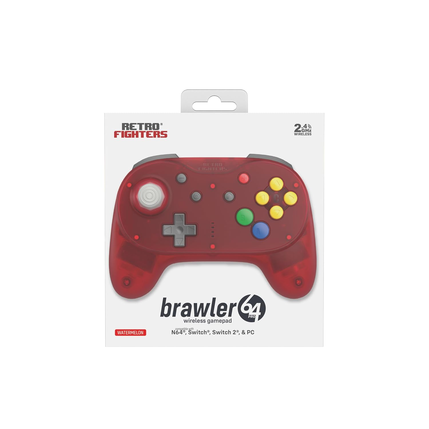 Bezprzewodowy kontroler Retro Fighters Brawler64 w przezroczystym czerwonym kolorze w pudelku.