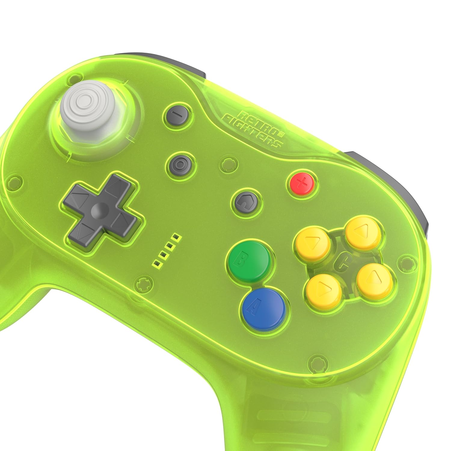 Przezroczysty neonowo zielony kontroler Retro Fighters z szarym krzyżakiem i kolorowymi przyciskami.