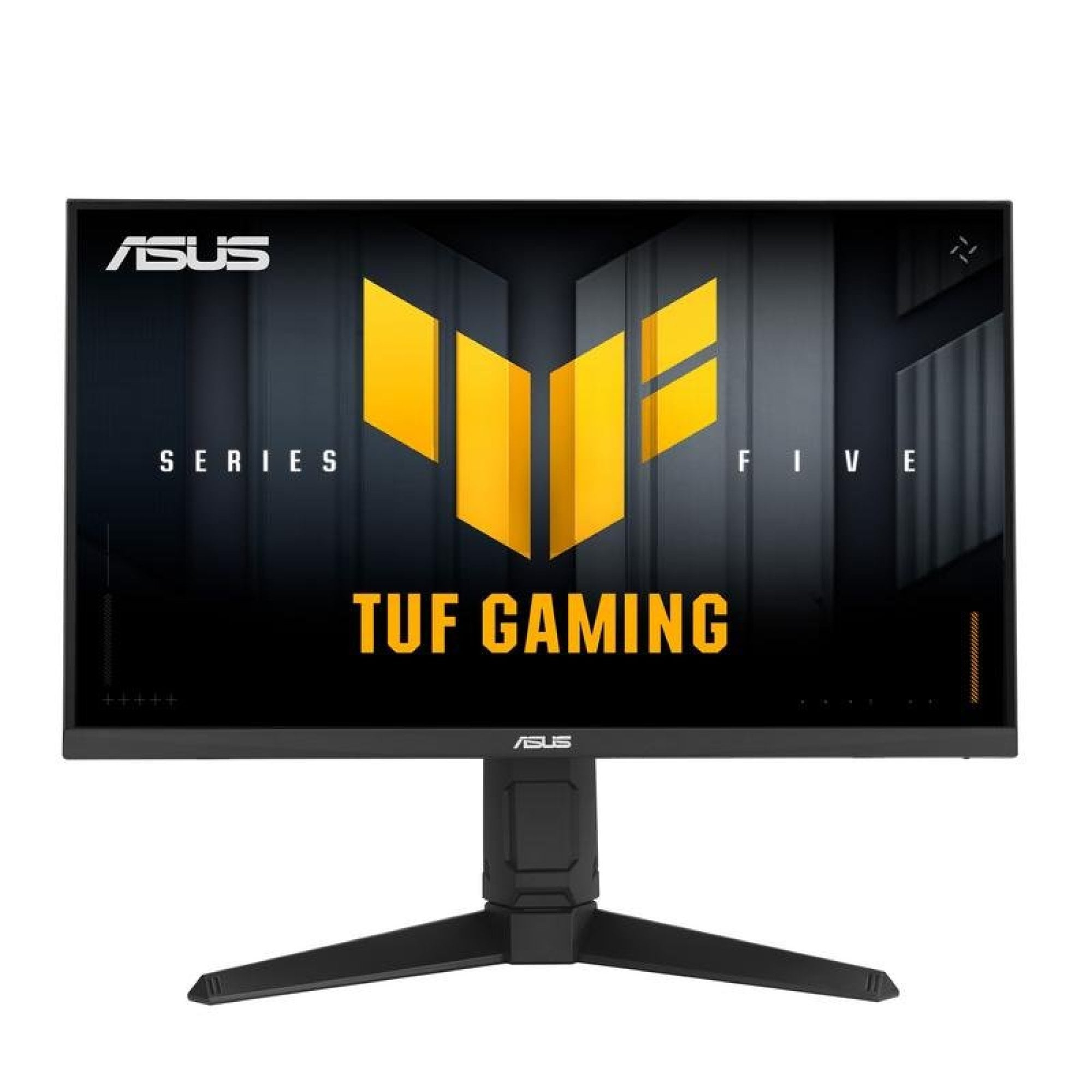 ASUS TUF Gaming Monitor mit schwarzem Standfuß auf weißem Hintergrund.