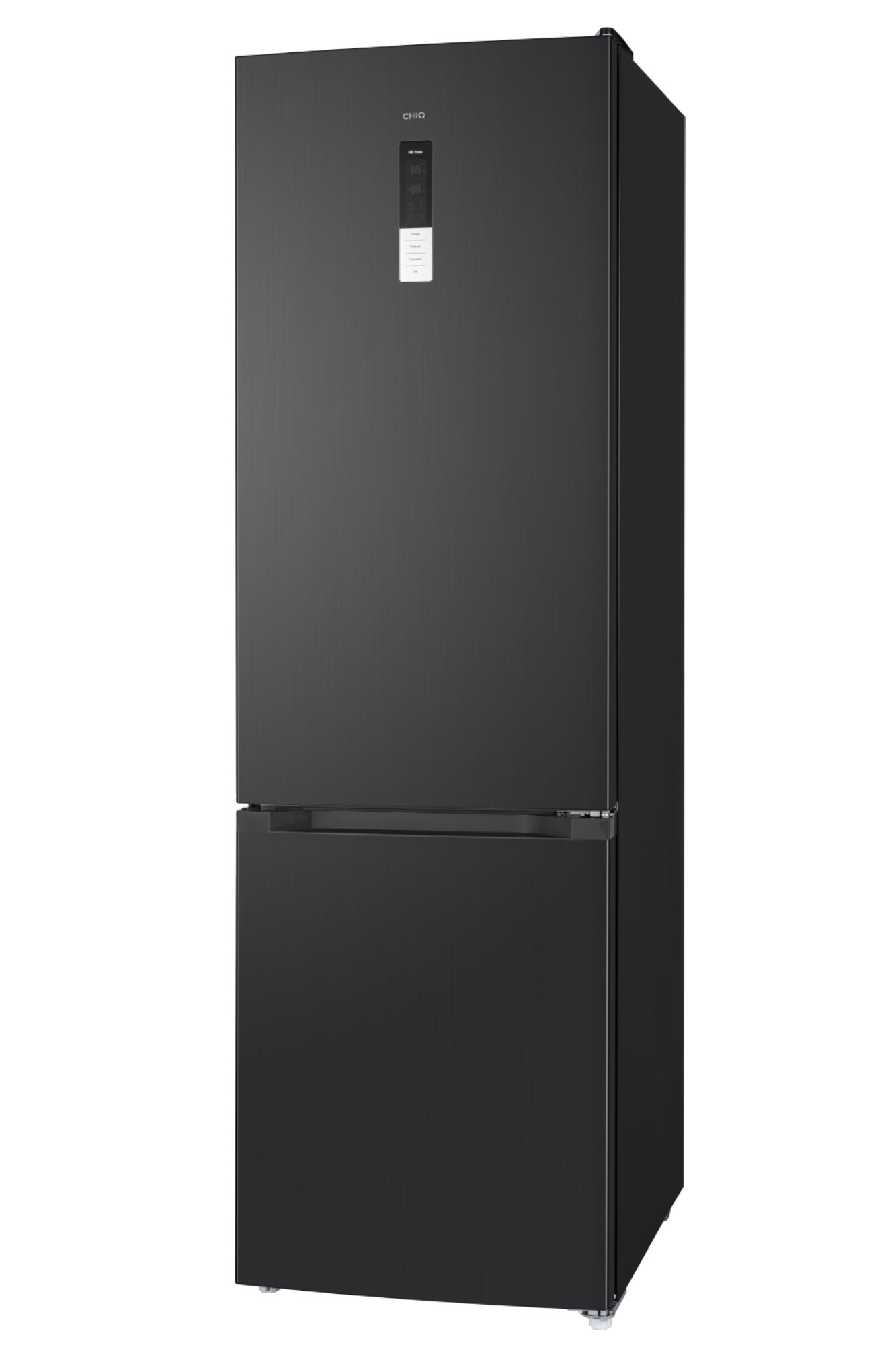 Ein schlanker, schwarzer CHiQ-Kühlschrank mit integriertem Display auf weißem Hintergrund.
