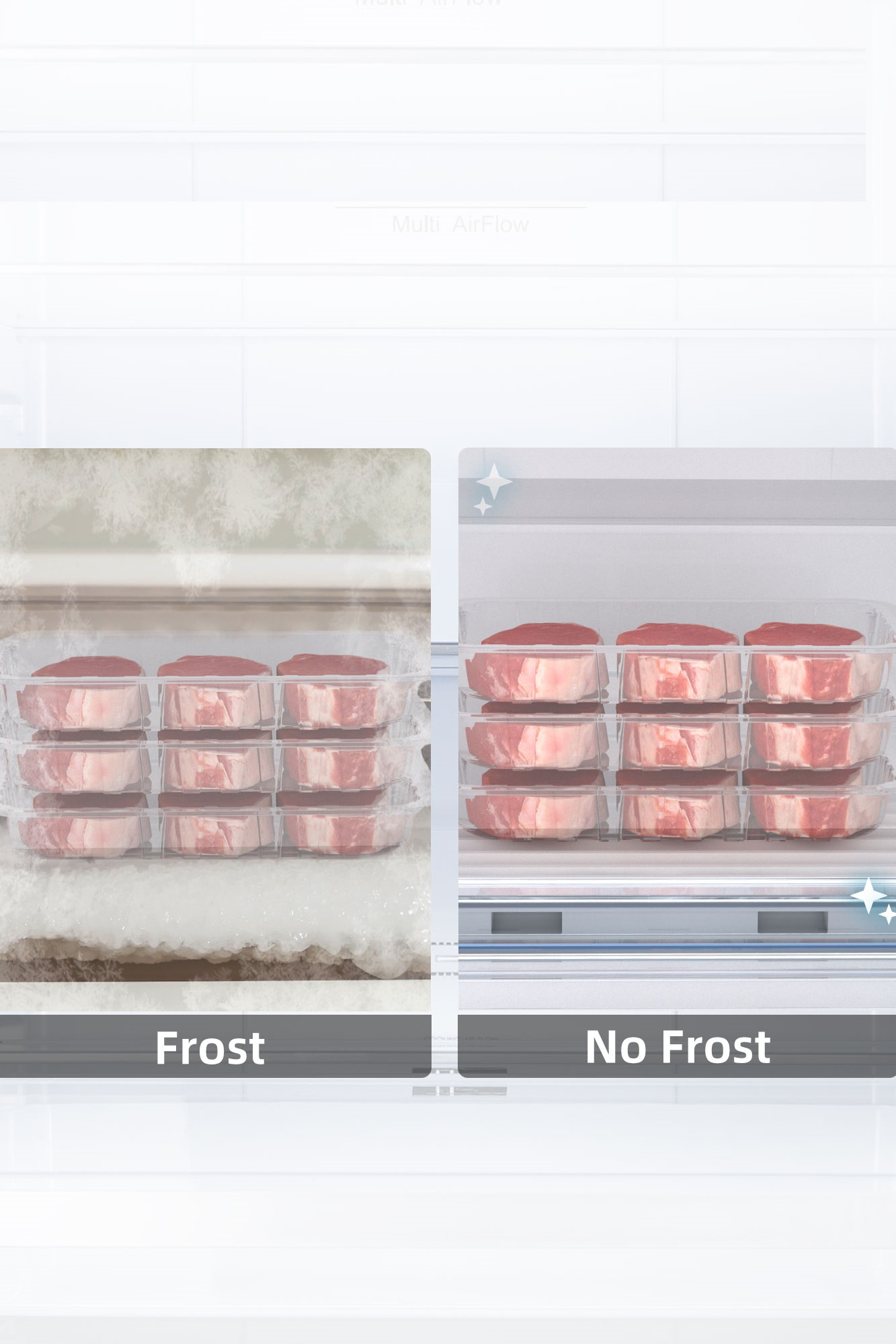 Vergleich von Fleisch in einem Gefrierfach: Links mit Frost, rechts frostfrei.