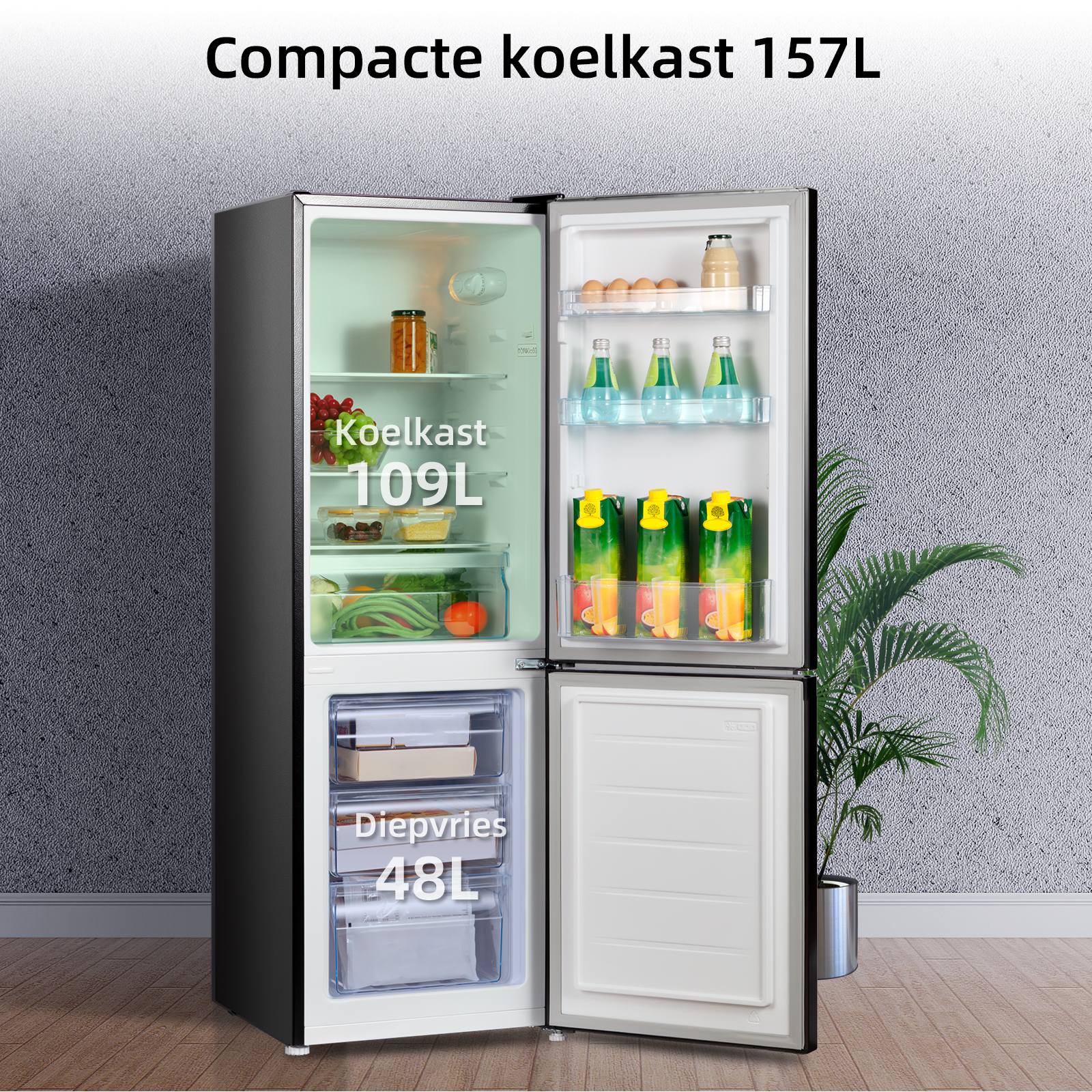 Open black refrigerator with filled shelves and bottom freezer compartment in a room.