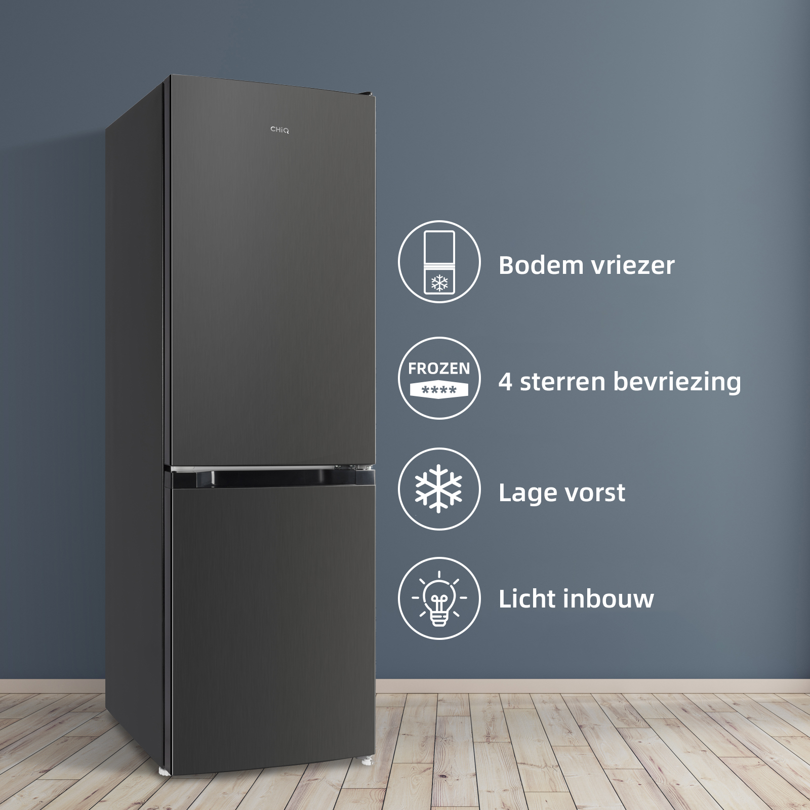 Dark CHiQ refrigerator on wooden floor with four feature icons.