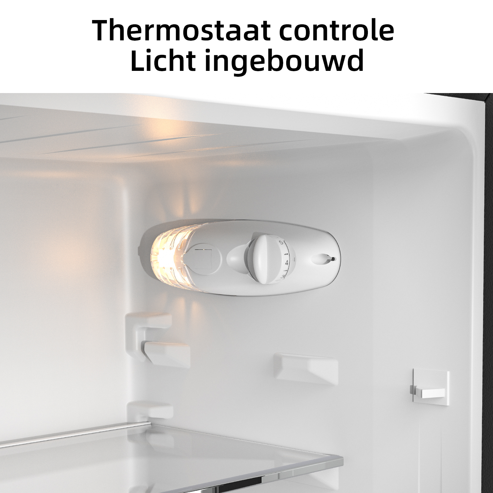 Inside of a white refrigerator showing a round thermostat dial and an illuminated built-in light.