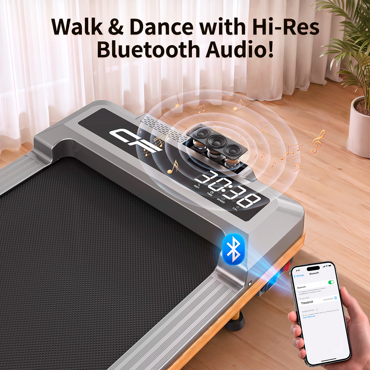 Cinta de correr con altavoces integrados conectados por Bluetooth a un smartphone.