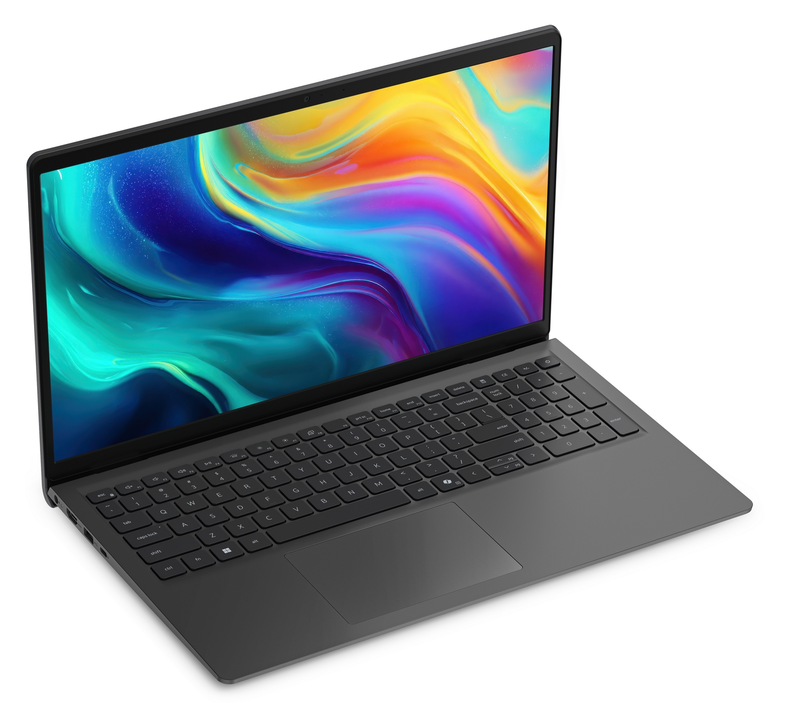 Un laptop grigio su sfondo bianco mostra uno schermo astratto colorato e una tastiera completa.