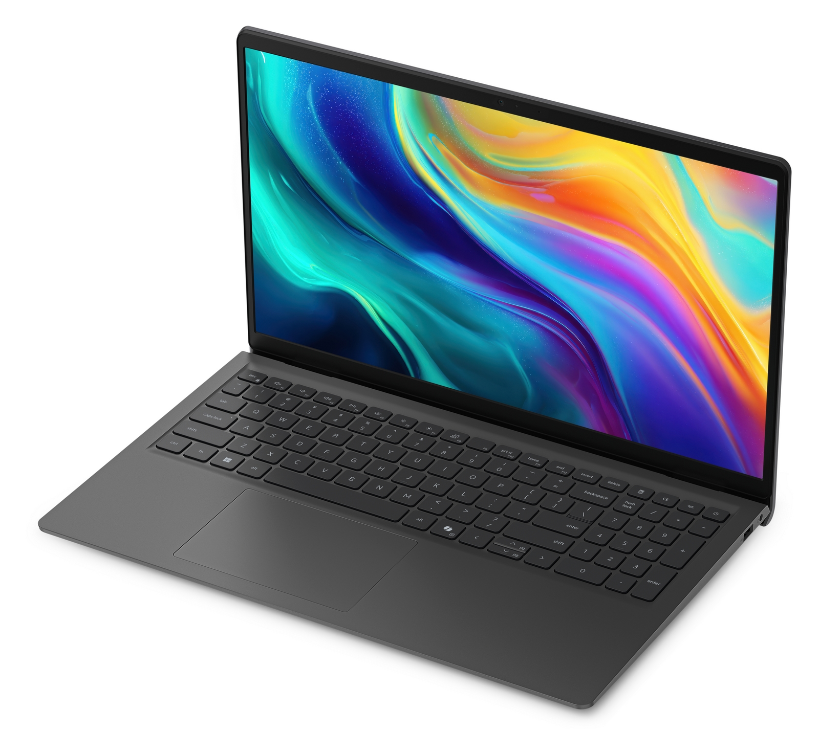 Un laptop grigio con uno sfondo astratto colorato sullo schermo è posizionato su una superficie bianca.