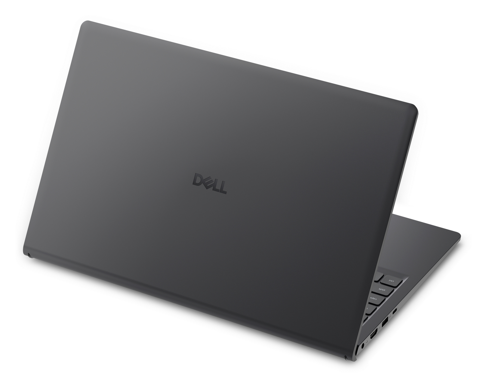 Un computer portatile Dell grigio su una superficie bianca, che mostra il coperchio chiuso con il logo.