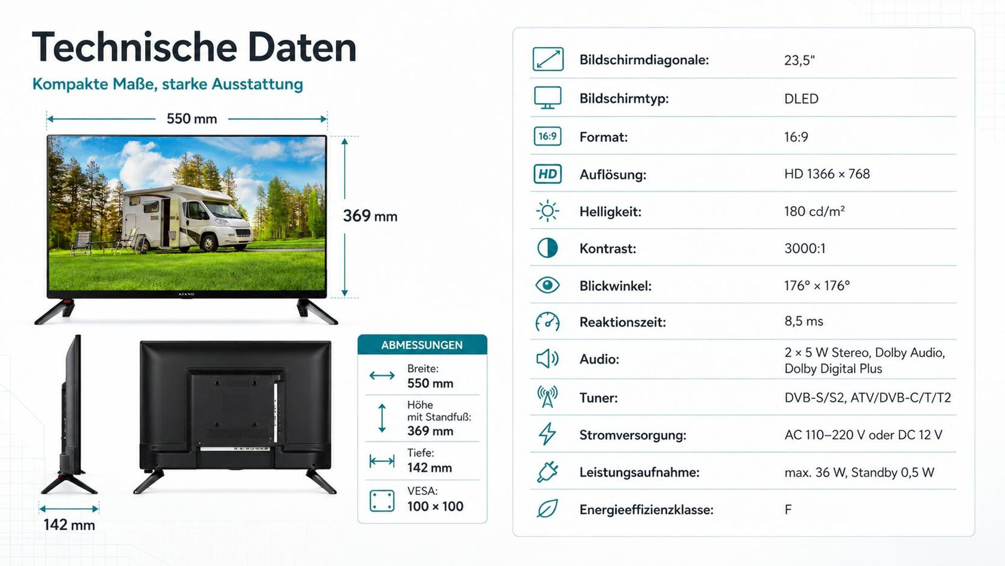Dane techniczne i wymiary 23,5-calowego telewizora DLED z kamperem wyświetlanym na ekranie.