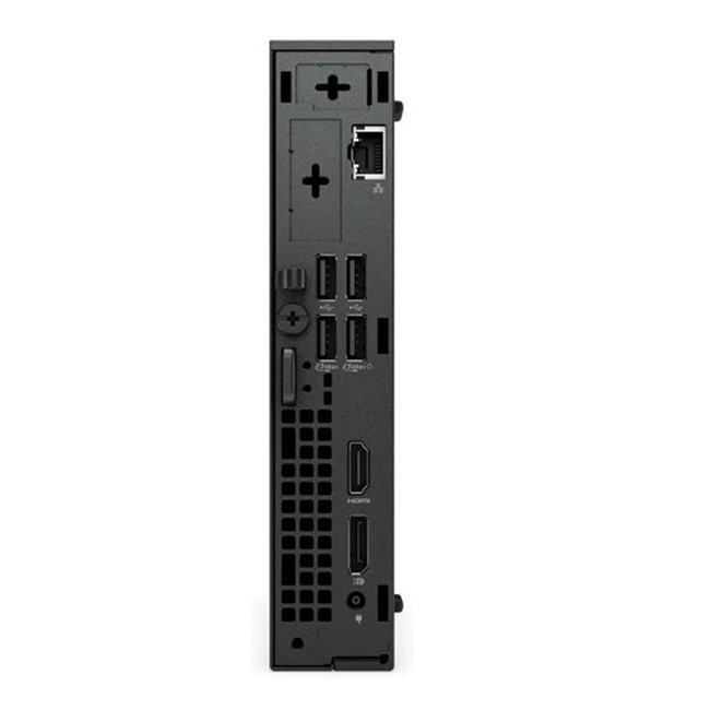 USB, HDMI, Ethernet ve DisplayPort gibi bağlantı noktalarına sahip siyah bir mini PC'nin arka paneli.
