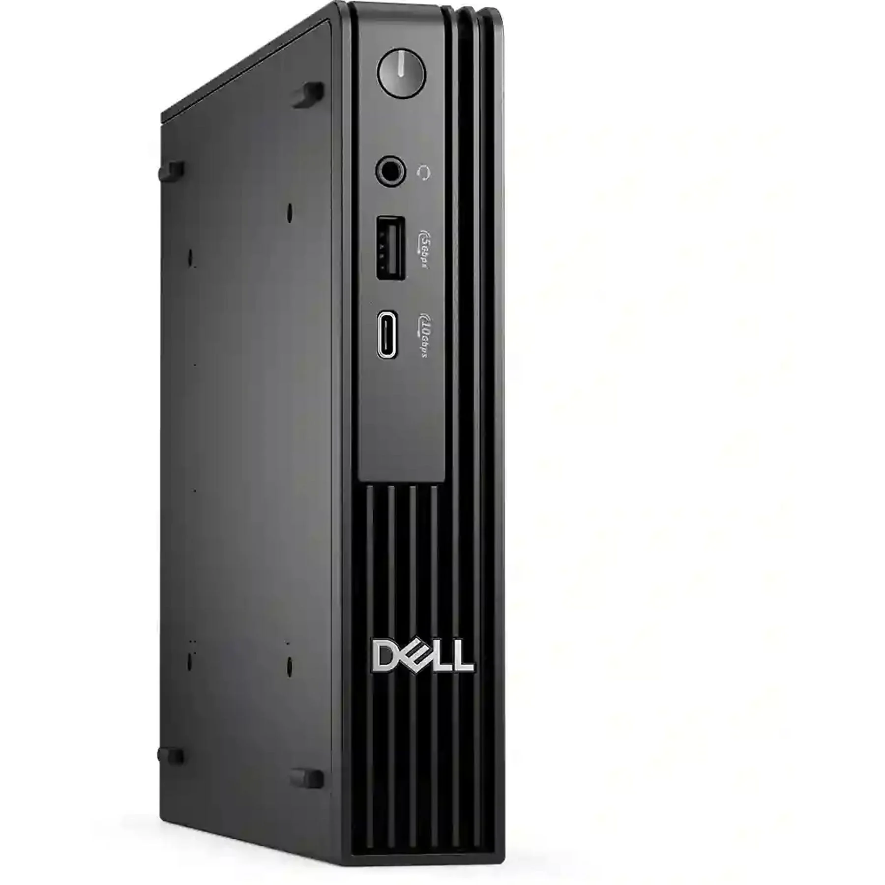 Beyaz arka planda siyah bir Dell mini PC, ön panelinde güç düğmesi, ses jakı ve USB bağlantı noktaları bulunur.