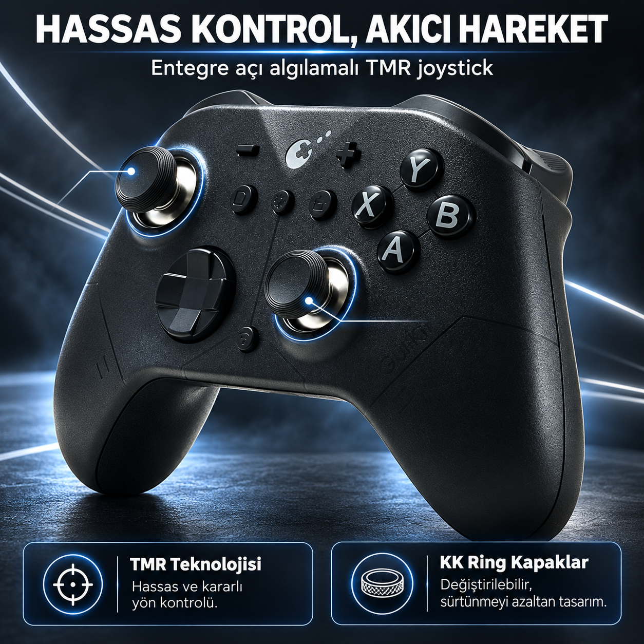 Işıklı joystick'ler, ABXY tuşları ve üzerinde tanıtım yazısı olan siyah bir oyun kumandası.