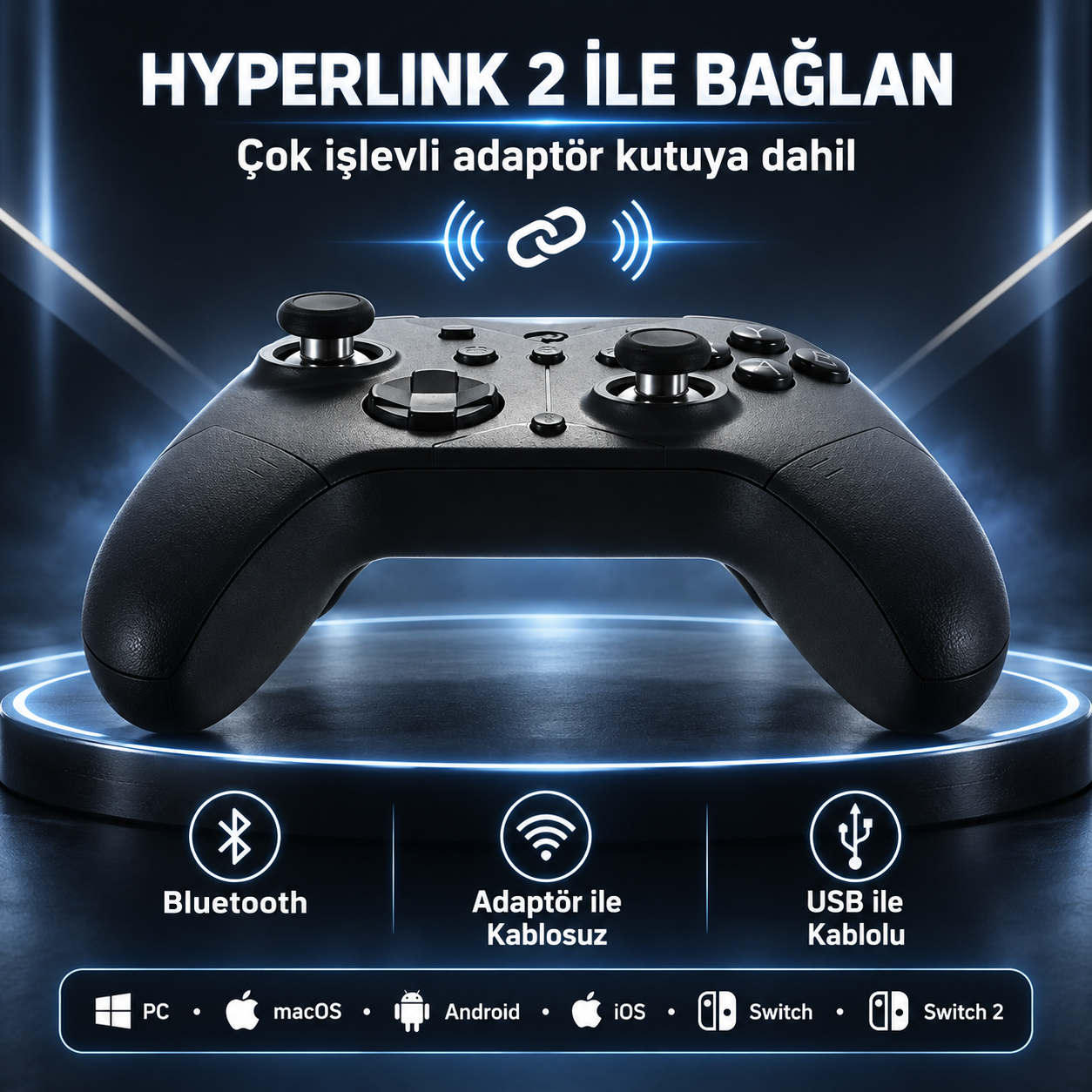 Bluetooth ve USB simgeli parlayan bir kaide üzerinde siyah oyun kumandası.