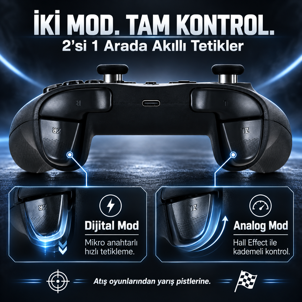 Hızlı tetikleme için dijital mod ve kademeli kontrol için analog mod özellikli iki modlu siyah oyun kolu.