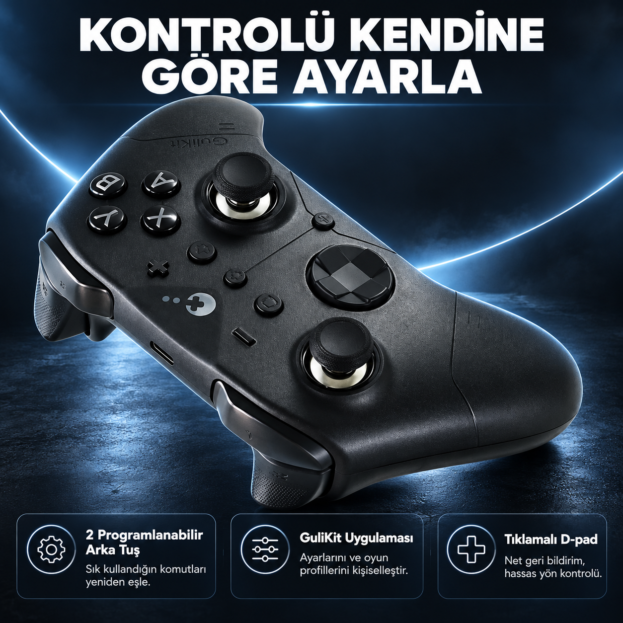 Mavi arka plan üzerinde metin ve üç özellik simgesi bulunan siyah GuliKit oyun kumandası.