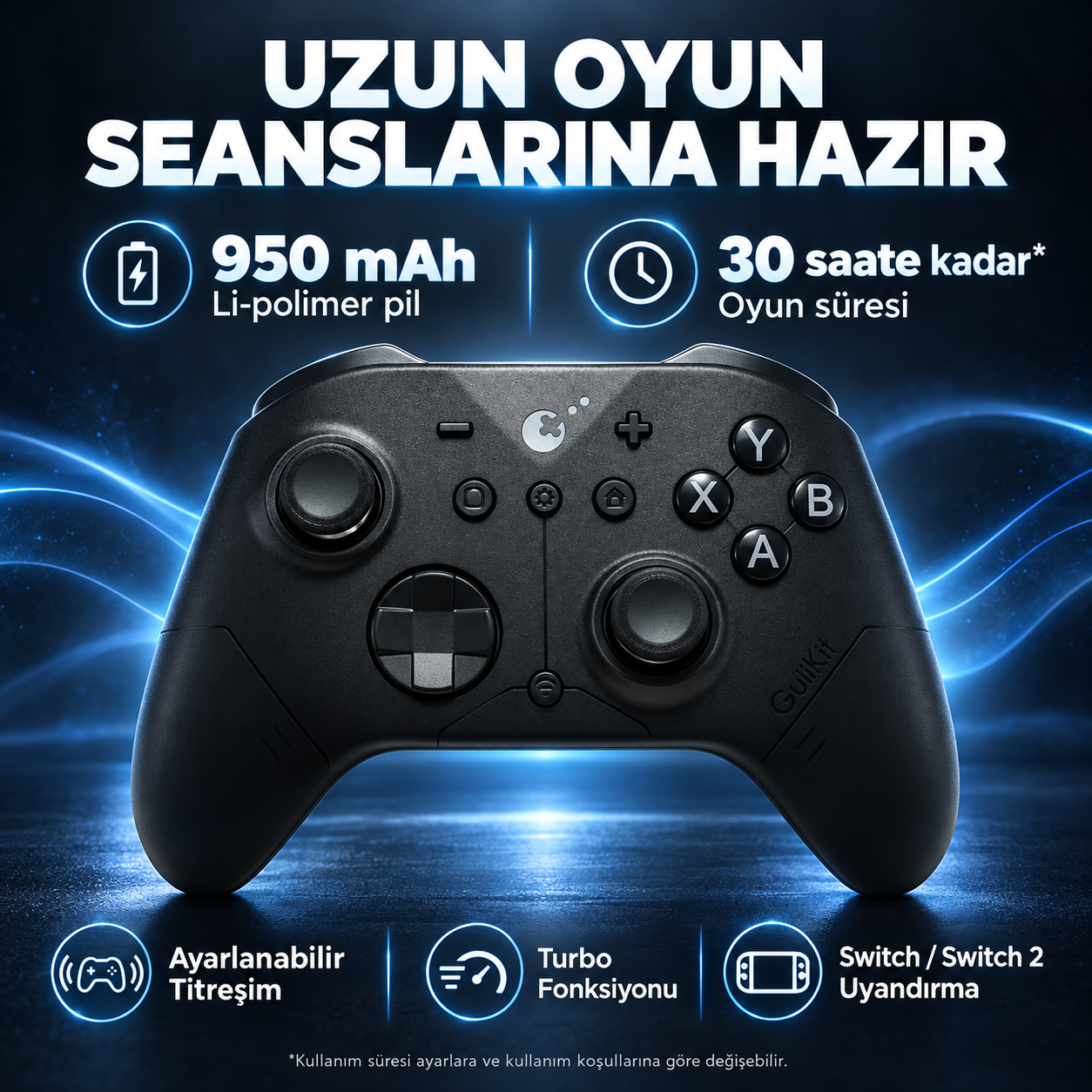Mavi arka planda pil ve oyun süresi özellikleri olan siyah oyun kumandası.
