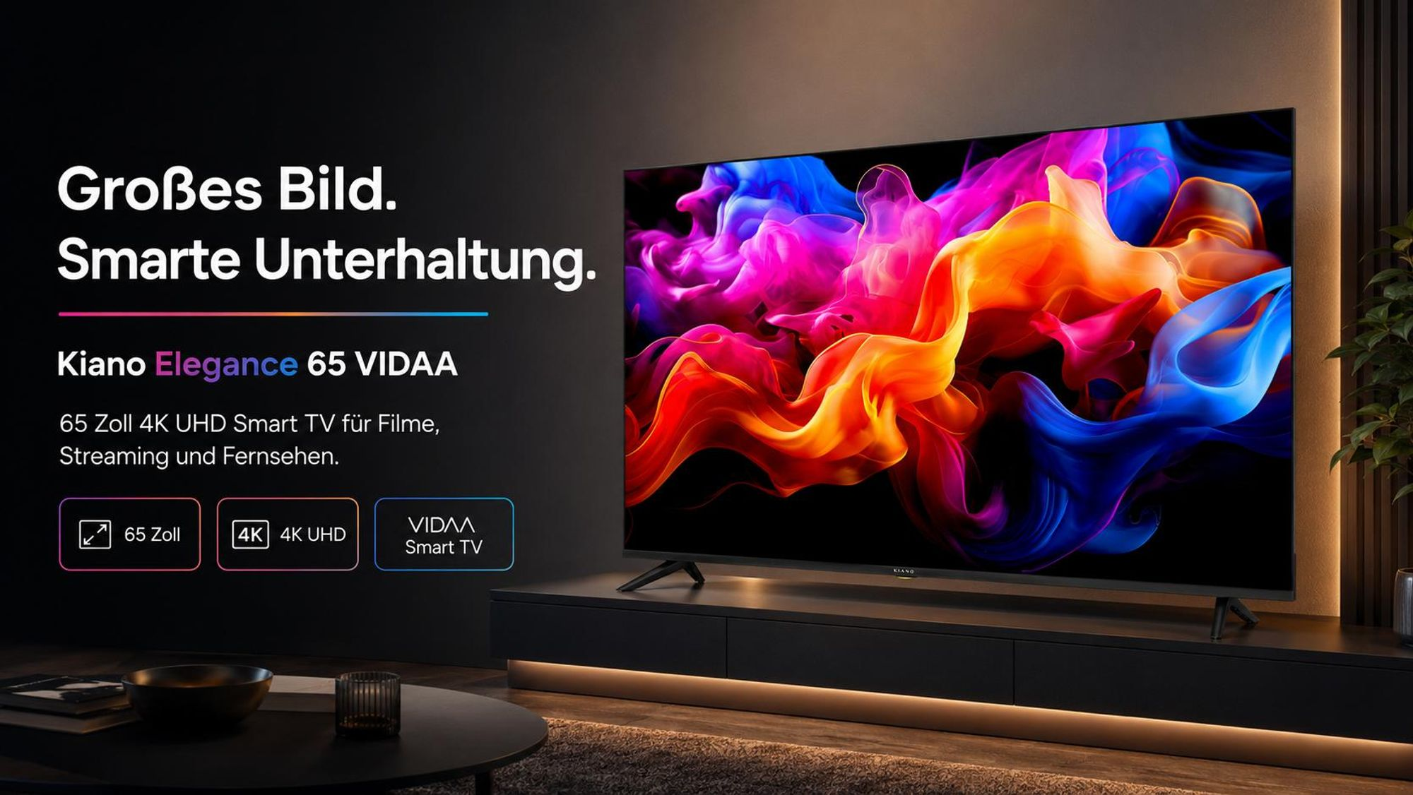 Telewizor Smart TV Kiano Elegance 65 VIDAA 4K UHD na podświetlanej szafce z kolorową grafiką na ekranie.