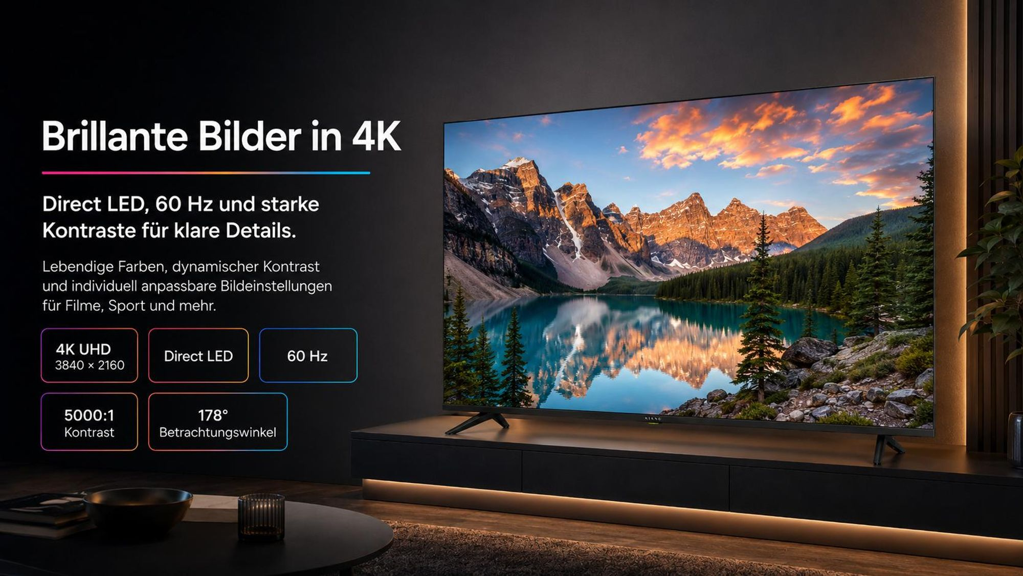 Telewizor 4K na szafce wyświetla krajobraz jeziora górskiego, z niemieckim tekstem promocyjnym.