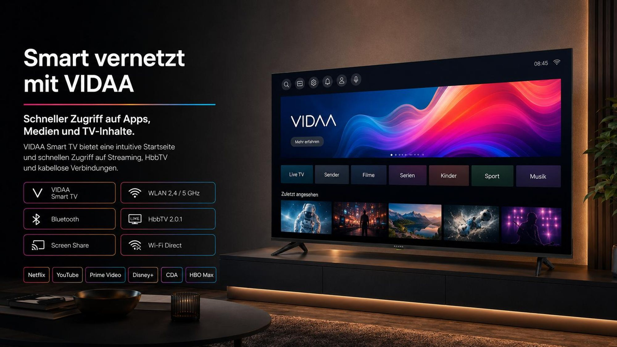 Nowoczesny smart TV na ciemnej szafce wyświetla kolorowy interfejs VIDAA, z niemieckim tekstem promocyjnym po lewej.