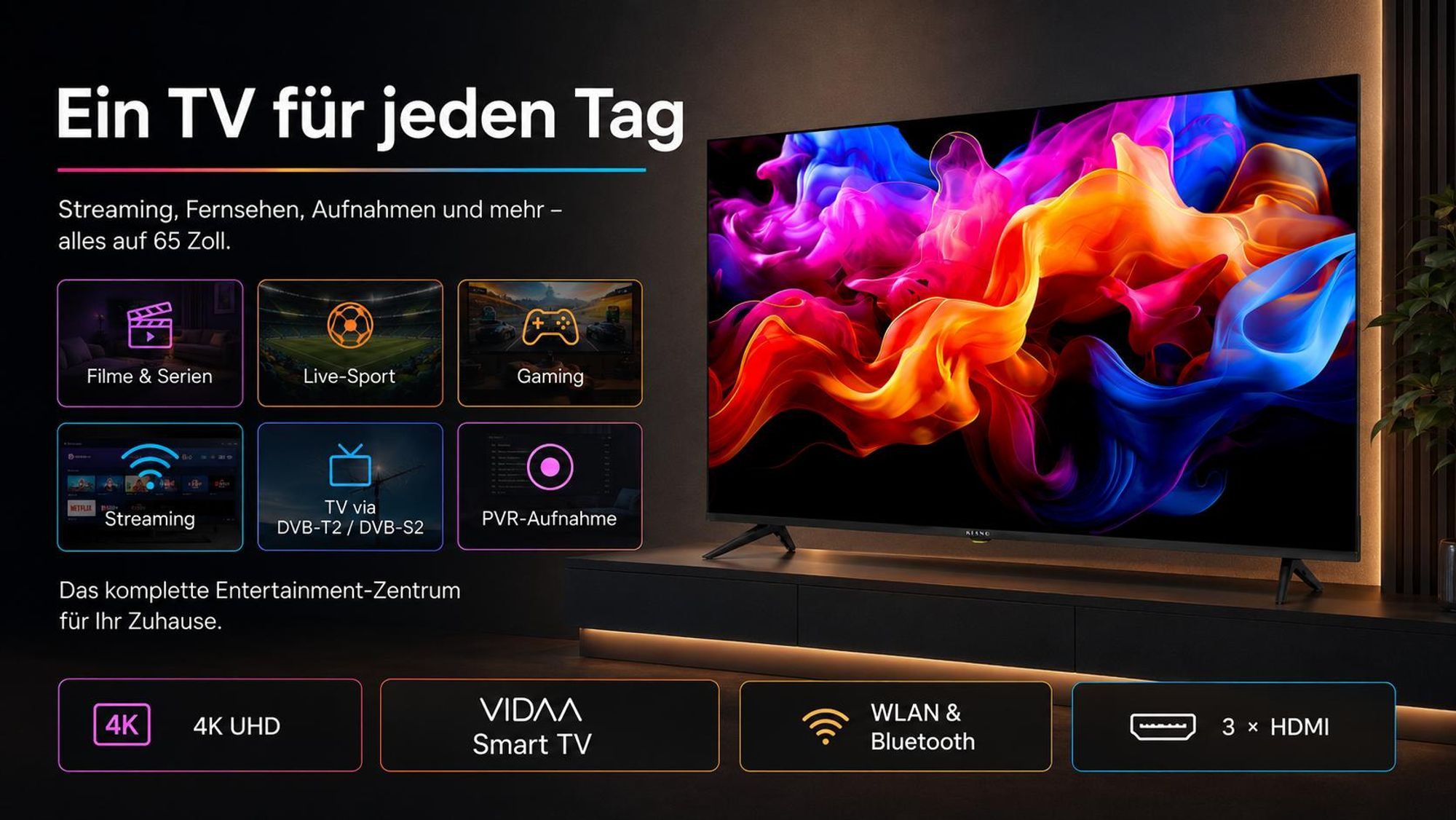 65-calowy telewizor smart TV z kolorową grafiką dymu, otoczony ikonami funkcji i tekstem.