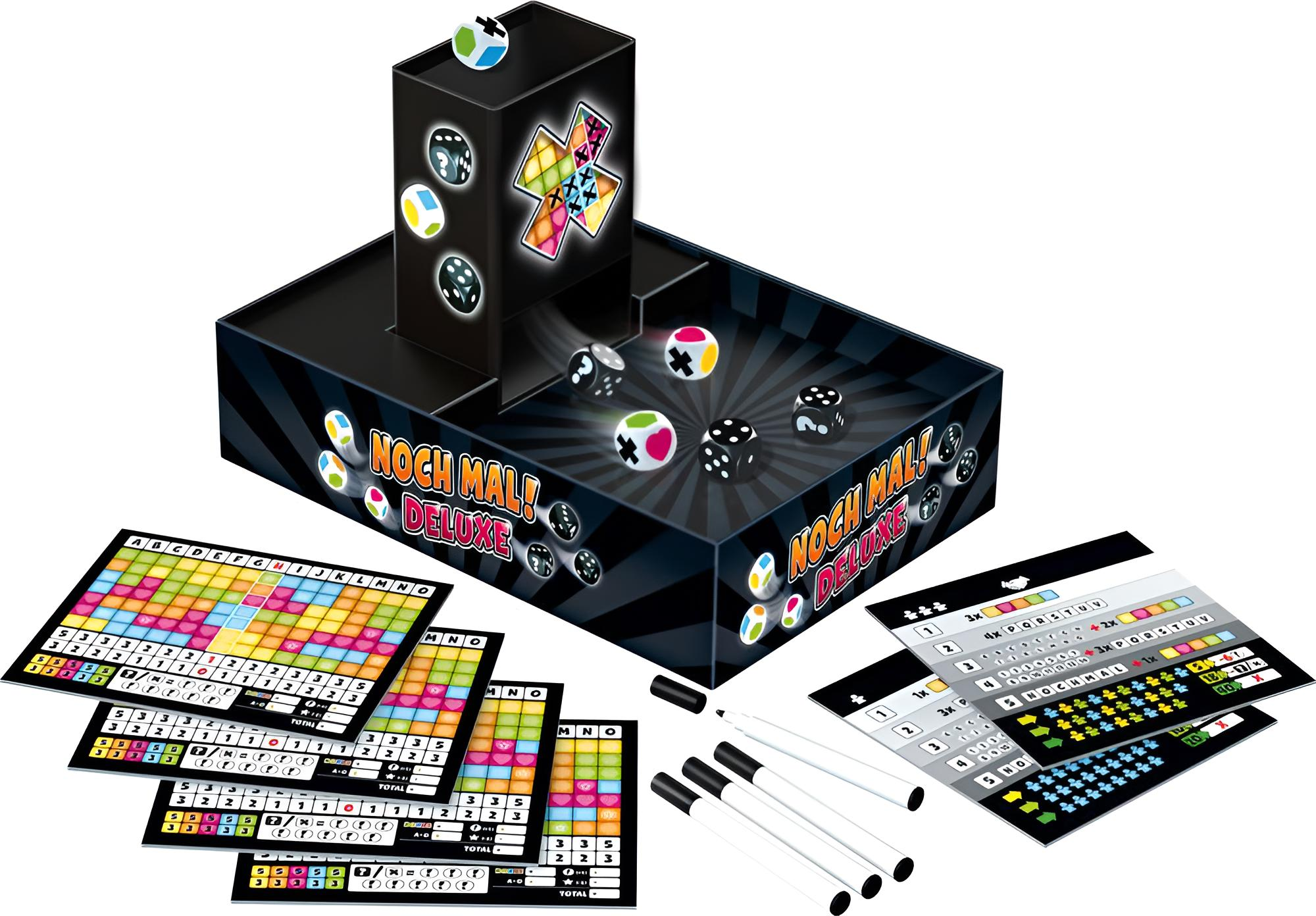 Ein Würfelspiel namens Noch Mal! Deluxe mit schwarzem Turm, bunten Würfeln, Bewertungsbögen und weißen Stiften.