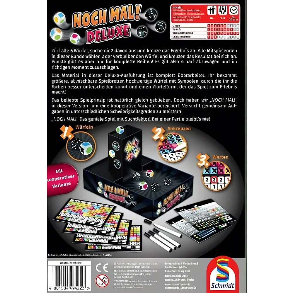 Rückseite der Spielverpackung von Noch Mal! Deluxe mit Spielregeln, Würfeln, Block und Stiften.