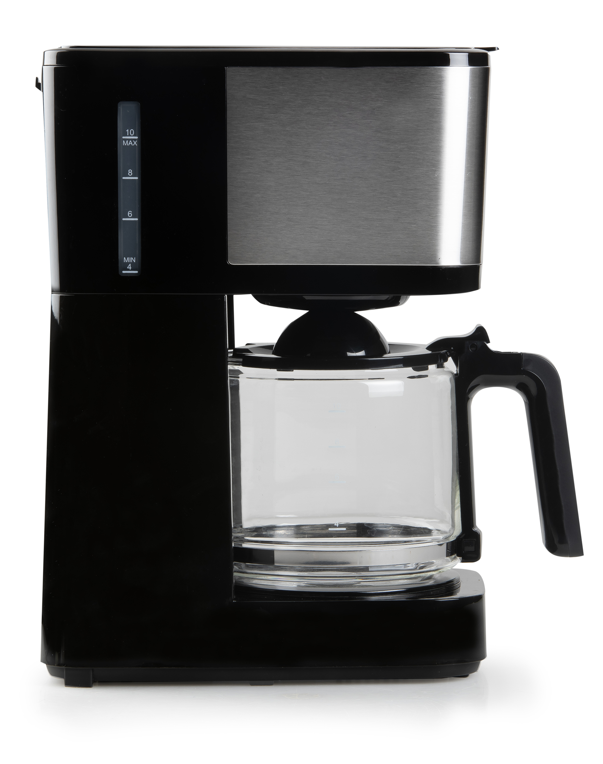 A black and silver drip coffee maker with a glass pot on a white background.